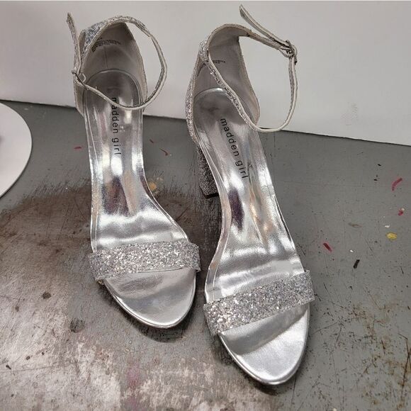 MADDEN GIRL Heels Women's 8.5 Silver Glitter Sparkle Open Toe Prom Wedding Eveni - Picture 3 of 14